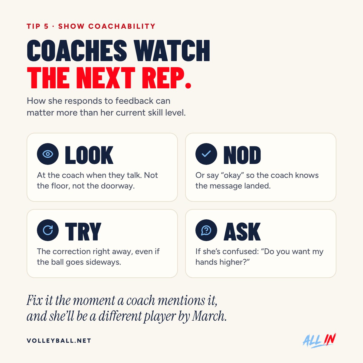 Four coachability habits: look at the coach, nod or say okay, try the correction right away, ask if confused