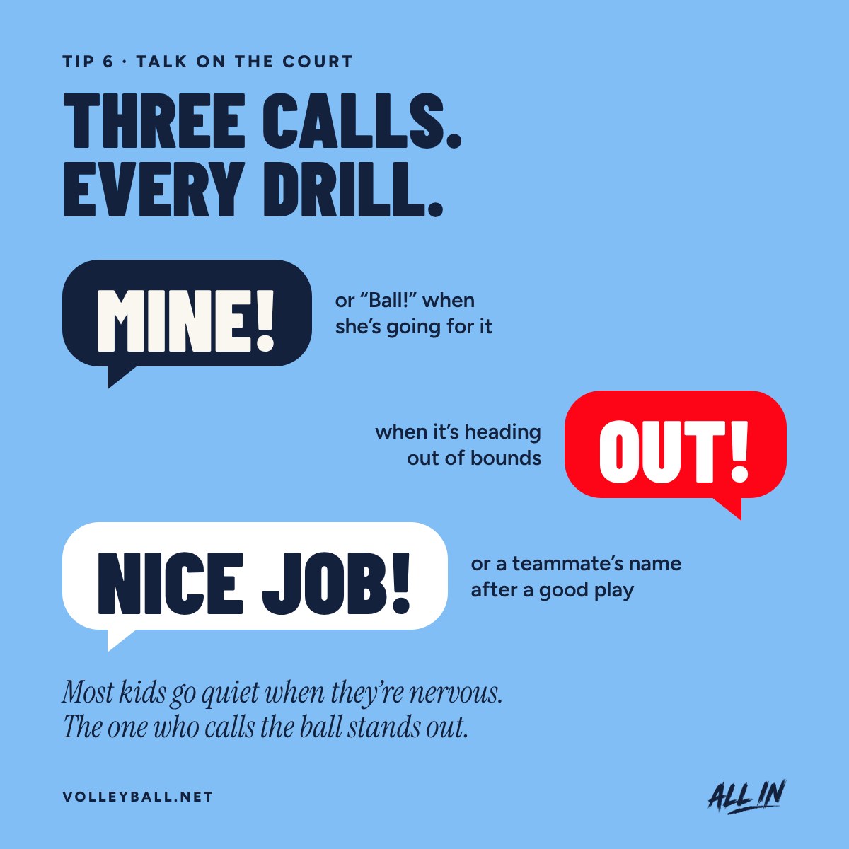 Three calls for every drill: Mine or Ball, Out, and Nice job