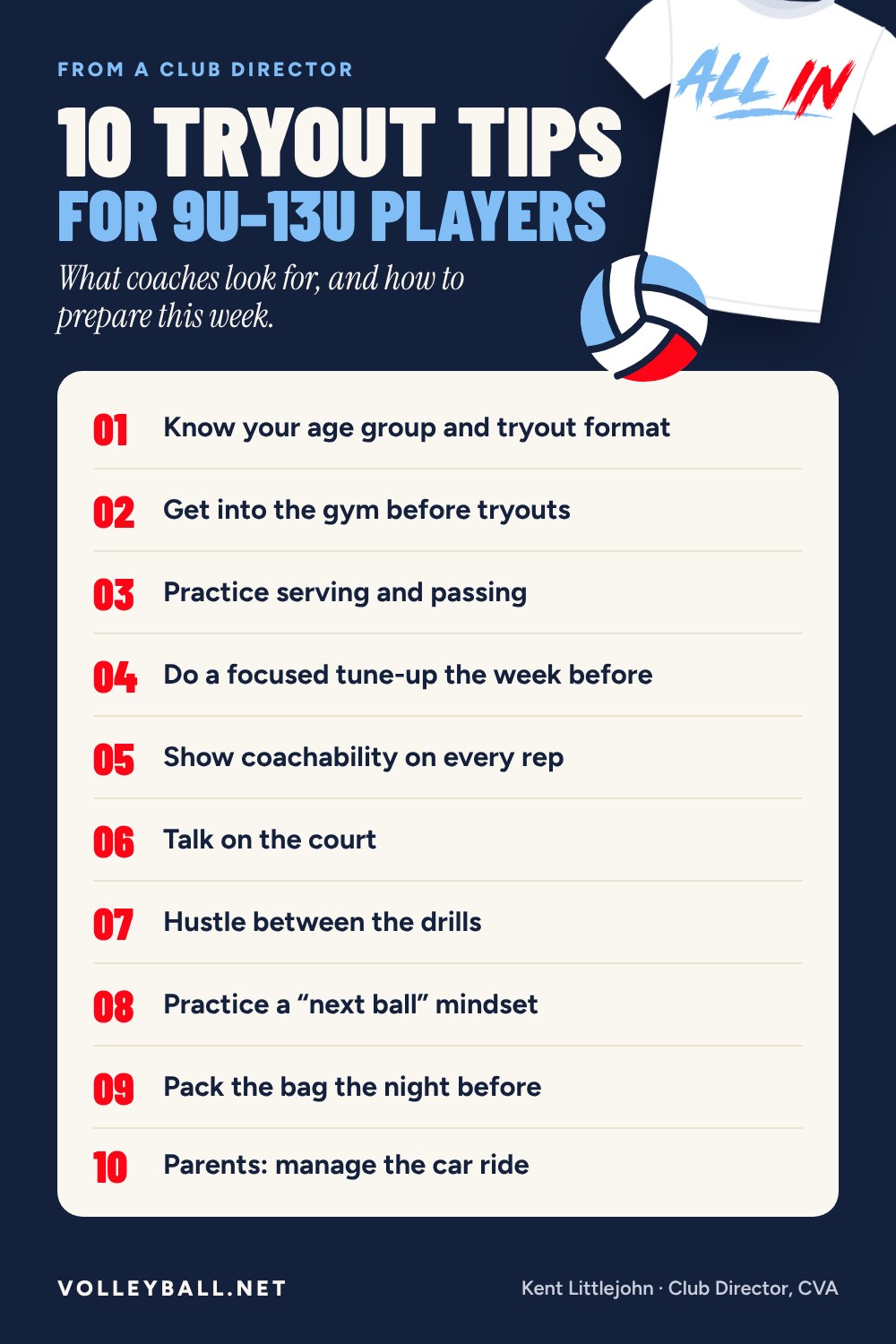 10 club volleyball tryout tips for 9U–13U players, from a club director